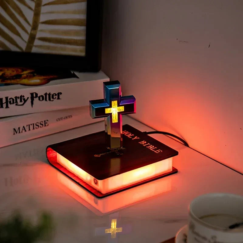 Handcrafted Heavenly Decor Levitating Cross & Divinely Illuminated Bible