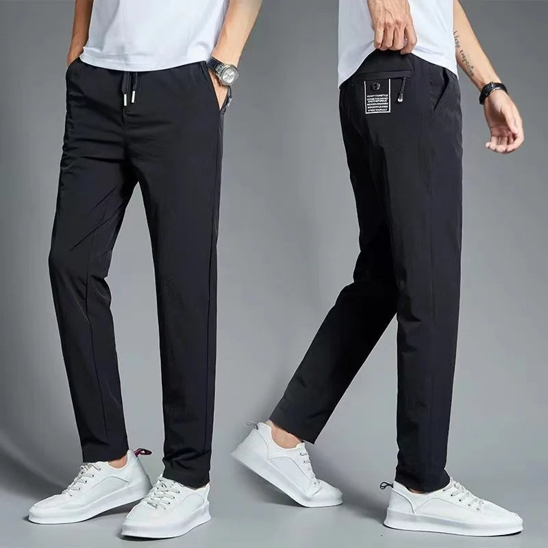 New Pants Spring Summer Mens Thin Casual Lightweight Slim Straight Trousers Elastic Ice Silk Business Casual Fashion Man Pants