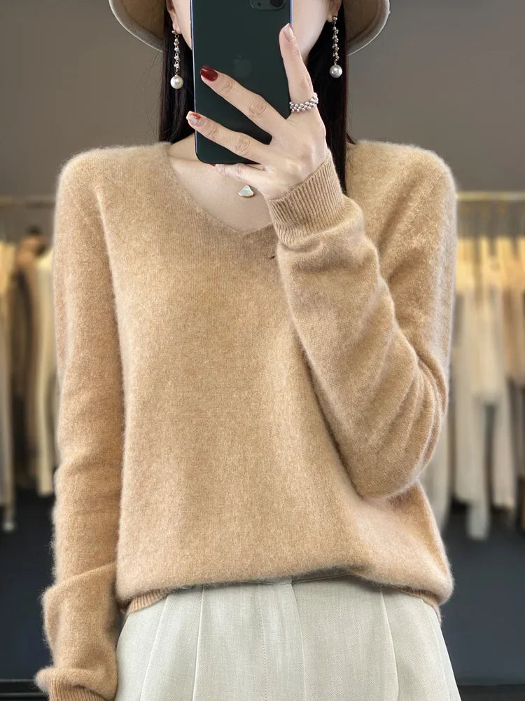 Fashion100% Merino Wool Sweater Cashmere Pullover Women Knitwear V-Neck Long Sleeve Autumn Winter Fashion Basic Clothing Tops