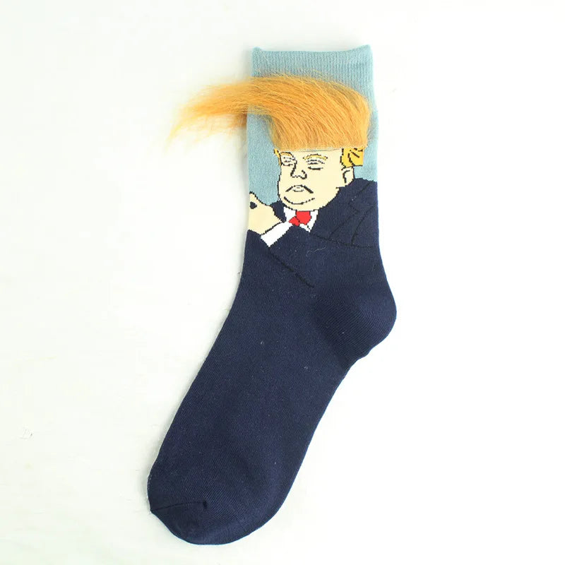 Funny President Donald Trump Socks with 3D Fake Hair Crew Socks Mens Compression Socks Streetwear Hip Hop 2022