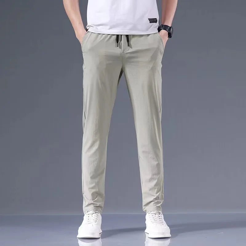 New Pants Spring Summer Mens Thin Casual Lightweight Slim Straight Trousers Elastic Ice Silk Business Casual Fashion Man Pants
