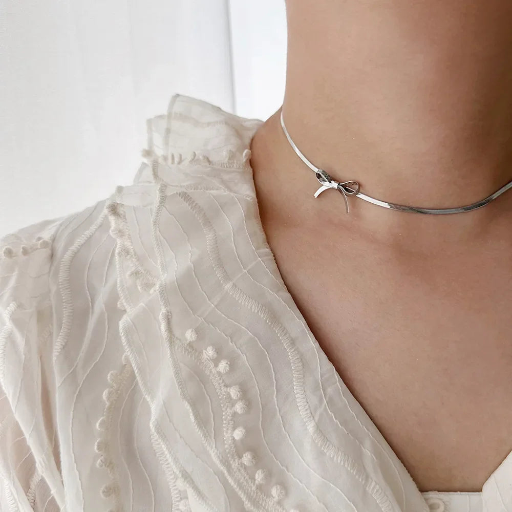 316L Stainless Steel Bow Collarbone Snake Bone Chain Necklace Casual Personality Girl Exquisite Jewelry Gift Party Accessories