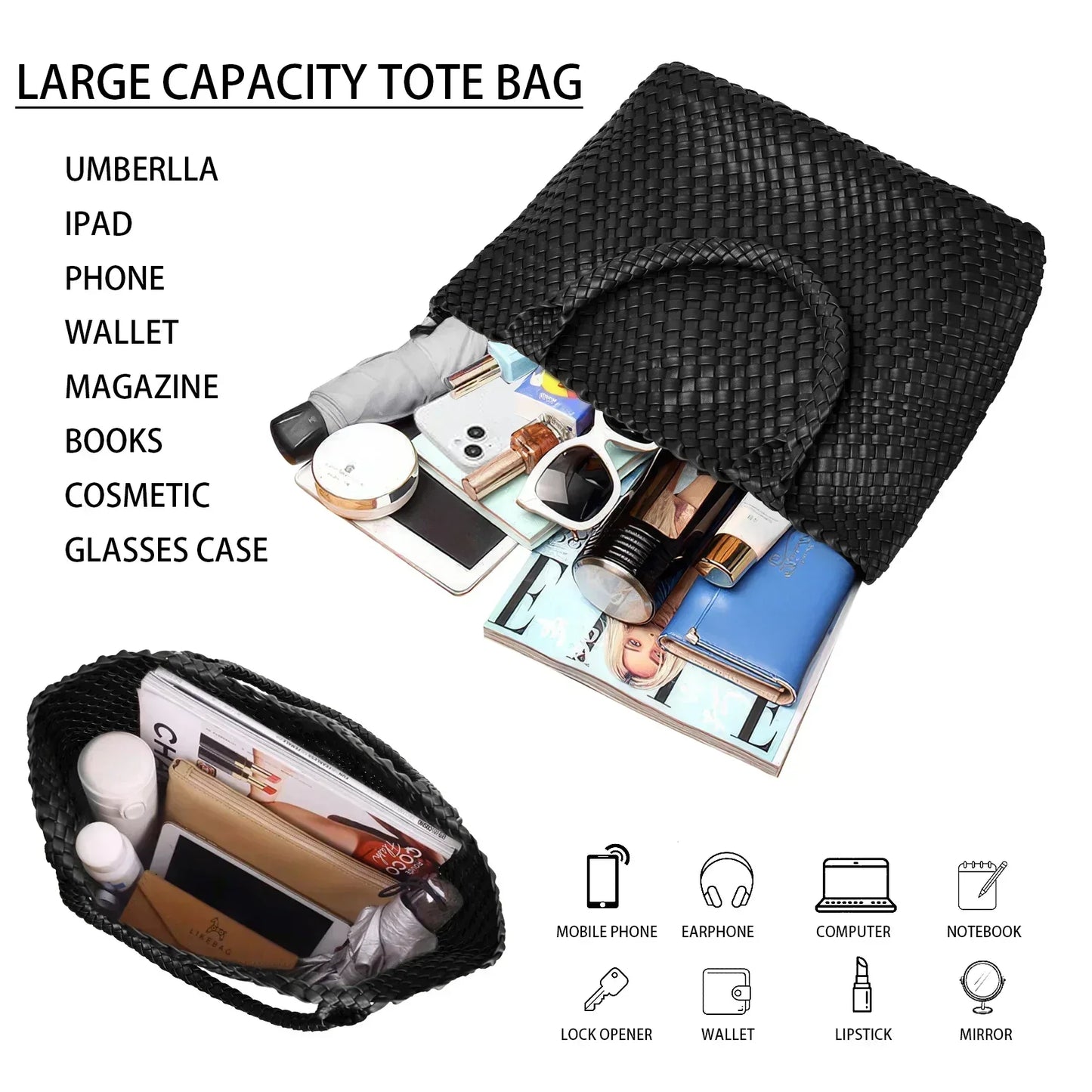 Women's Leather Woven Tote Handbag Wide Strap Shoulder Bag
