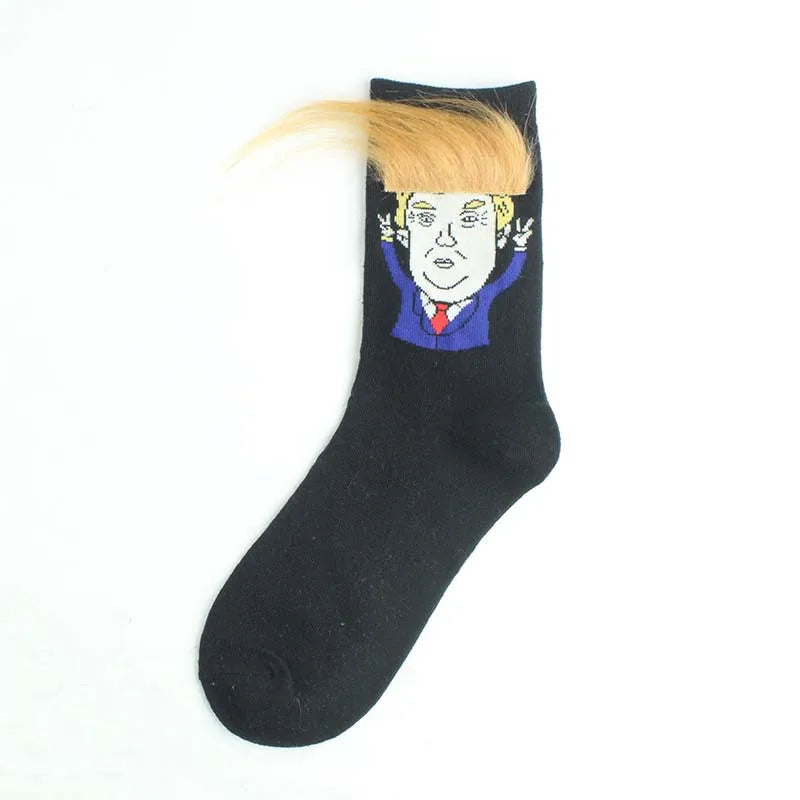 Funny President Donald Trump Socks with 3D Fake Hair Crew Socks Mens Compression Socks Streetwear Hip Hop 2022