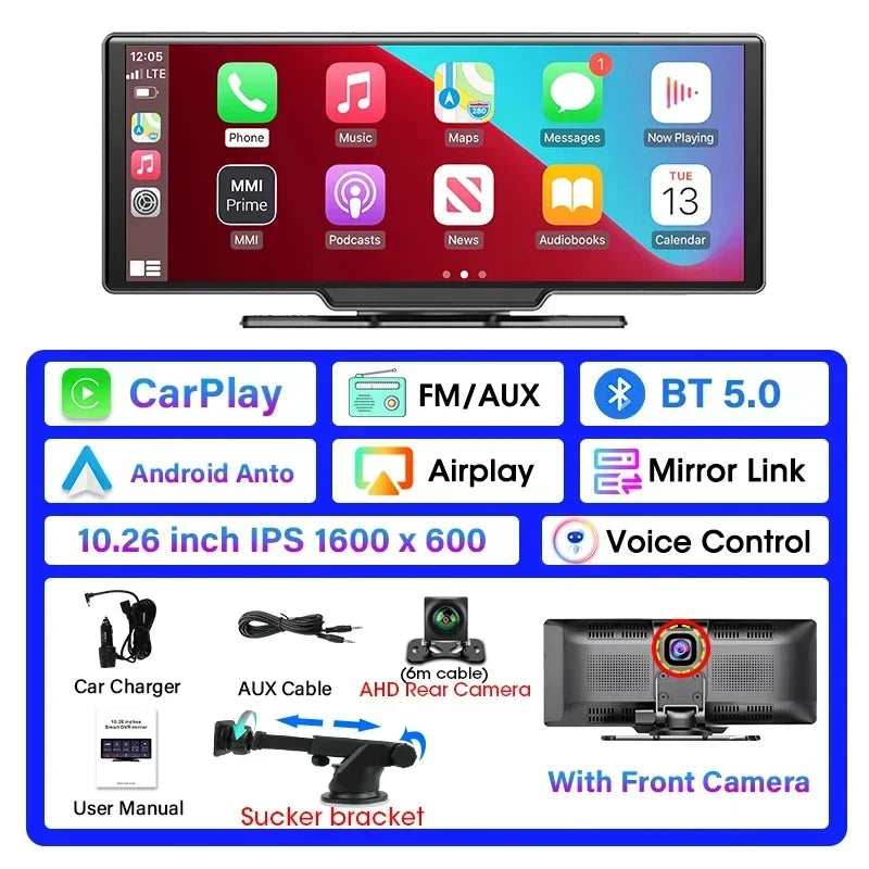 DashSight® Duo by JV Auto – Dash Cam, Rear Cam, & Touch Screen Infotainment System | 4K UHD Front & 1080P FHD Rearview Camera | Wireless & Wired Apple CarPlay & Android Auto