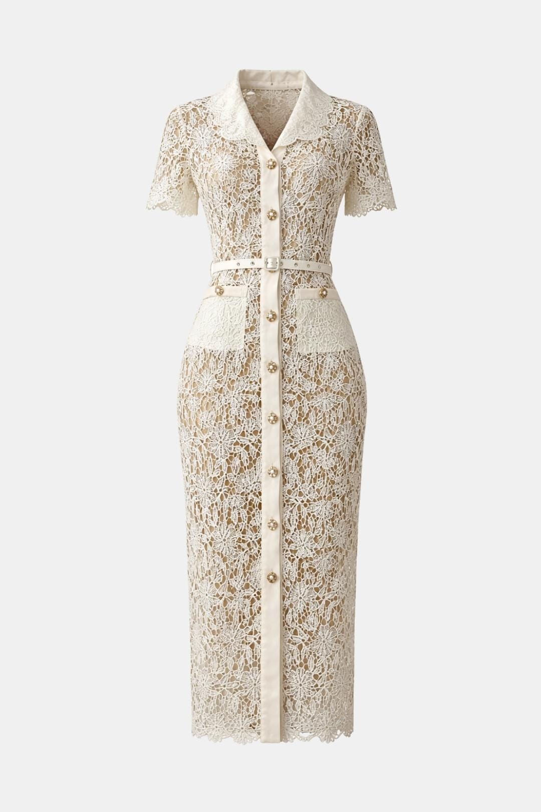 Soleil – Beige V-Neck Embroidered Lace Midi Dress with Button Detail