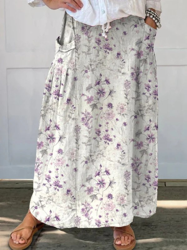 Vintage Floral Art Elastic waistband Pocket Skirt