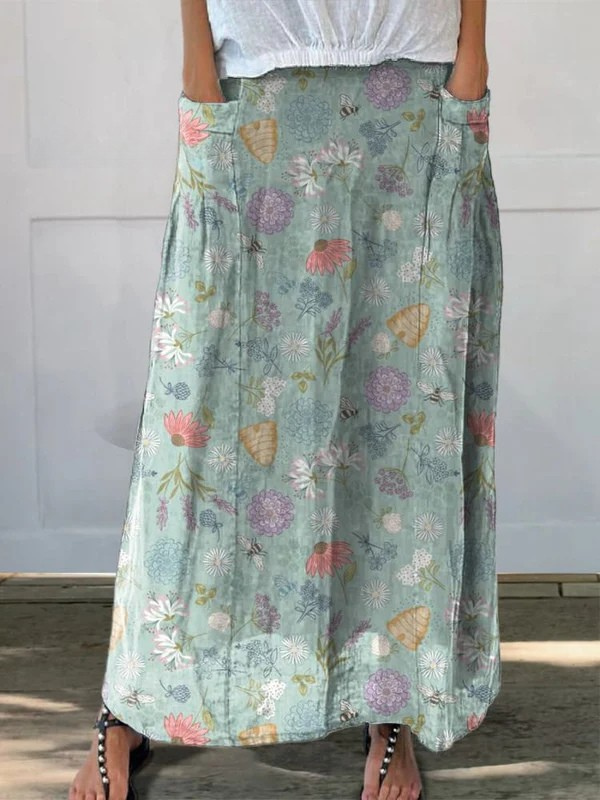 Blooming Spring Floral And Bumble Bee Pattern Printed Pocket Skirt