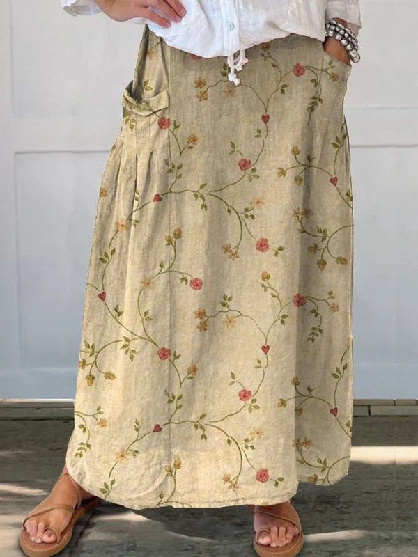 Retro Floral Art Elastic waistband Pocket Skirt