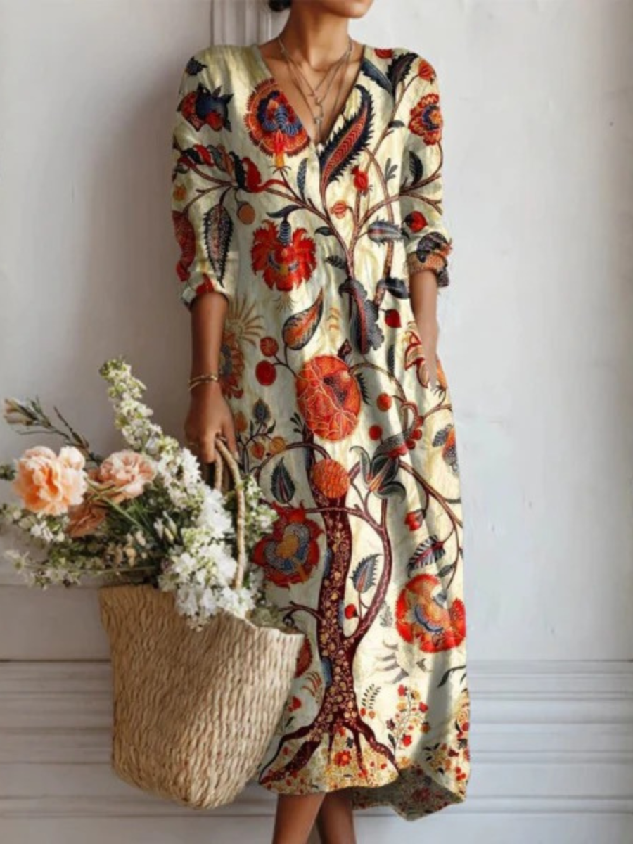 Grace | Linen V-Neck Long Sleeve Dress