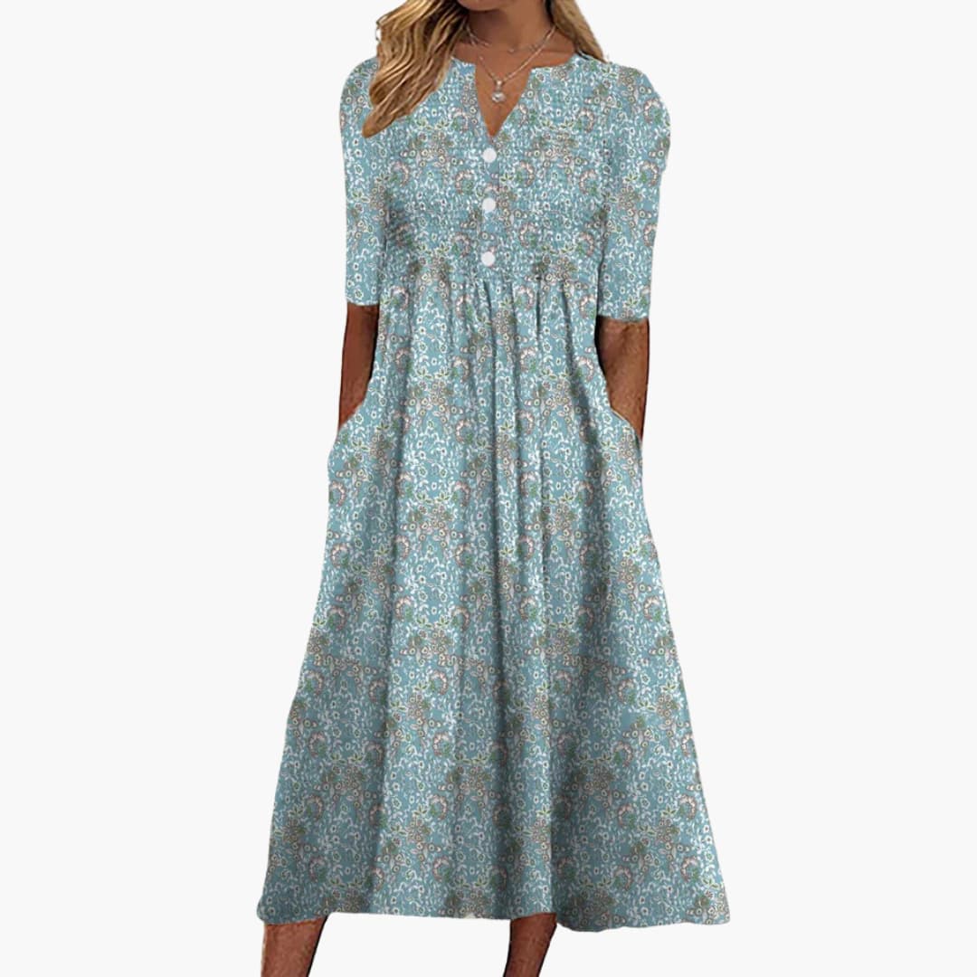 Midi-kjole til kvinder med blomsterprint og knapper