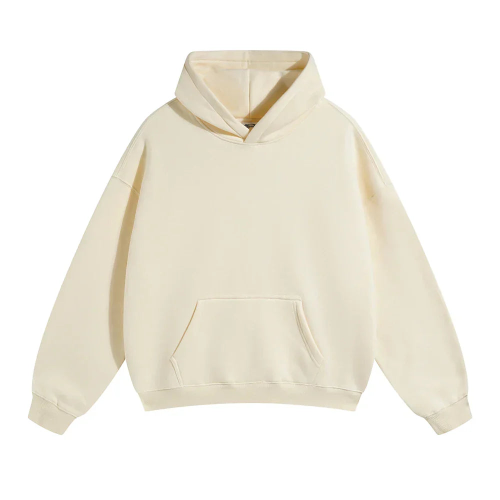 Sweat à capuche beige unisexe, style décontracté, poche kangourou, manches longues, idéal pour mode automne-hiver, vêtement confortable.