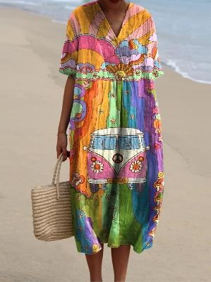 Sofia | Linen V-Neck Midi Dress