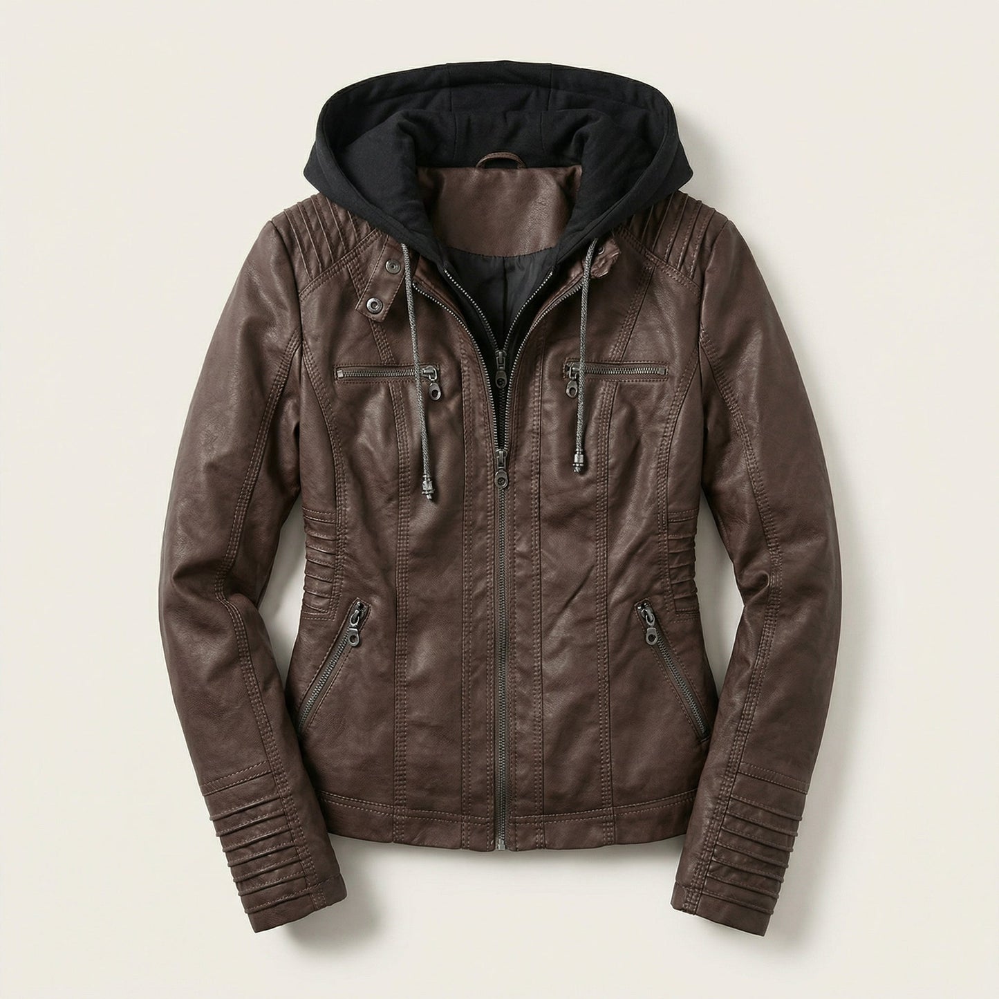 Women’s Biker Jacket – Hooded Design, Zip Front, Multi-Pocket Style