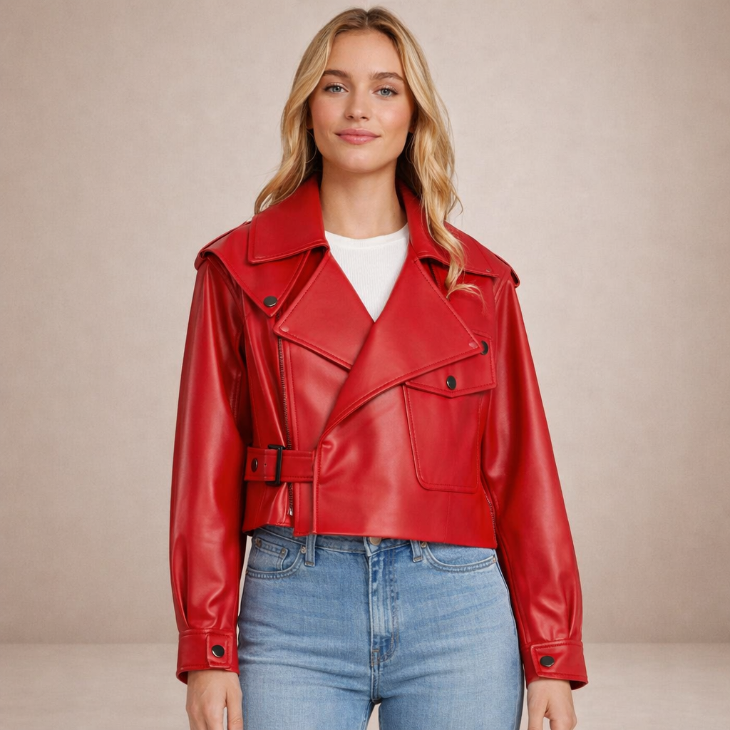 Women’s Cropped Biker Jacket with Belted Waist