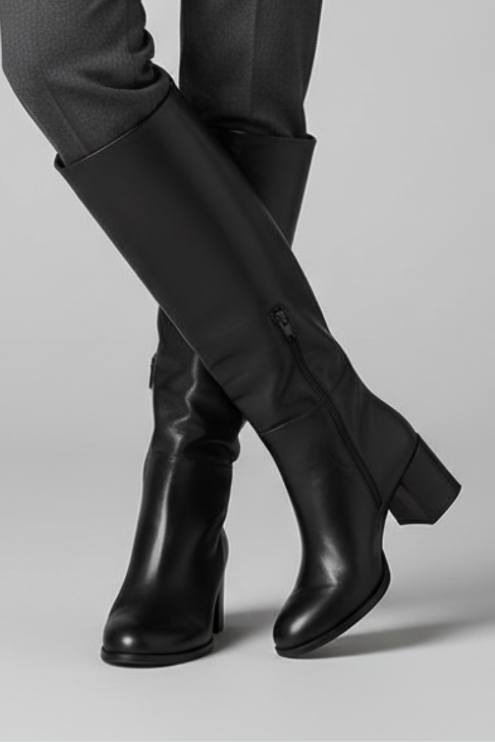 Women's Knee-High Boots with Pointed Toes and Block Heels in Black suede - View 6.0 | Roselva
