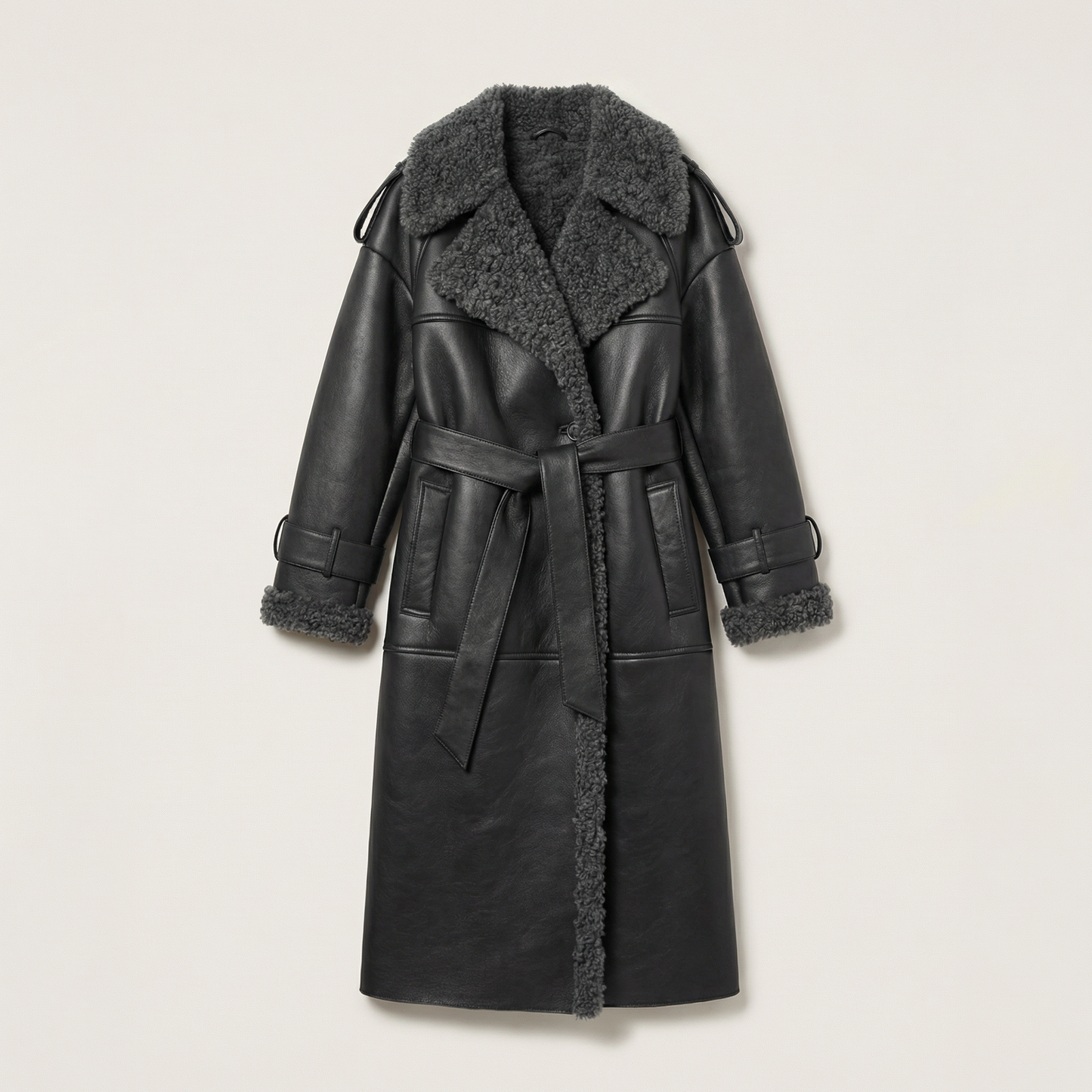 Women’s Faux Leather Shearling Jacket – Belted Warm Winter Coat