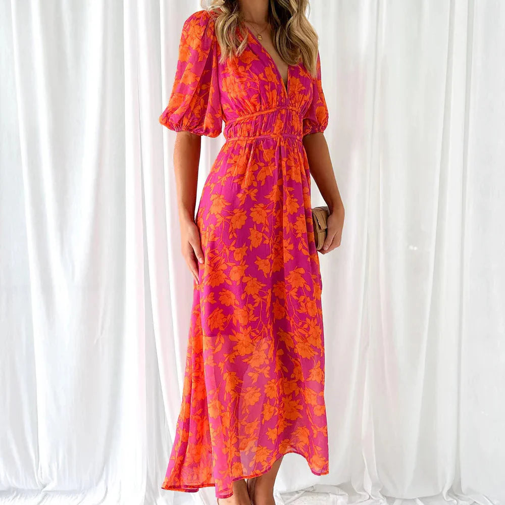 Women's Floral Maxi Dress With V Neckline and Elastic Waist