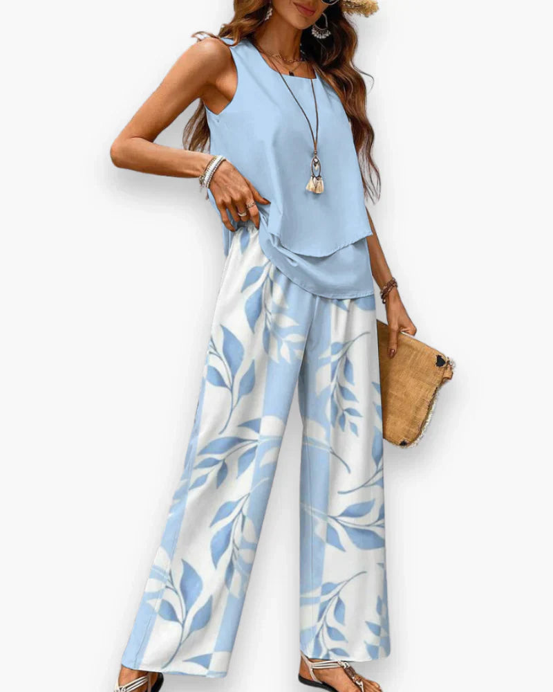 Women's Two Piece Set Sleeveless Top and Wide Leg Printed Pants