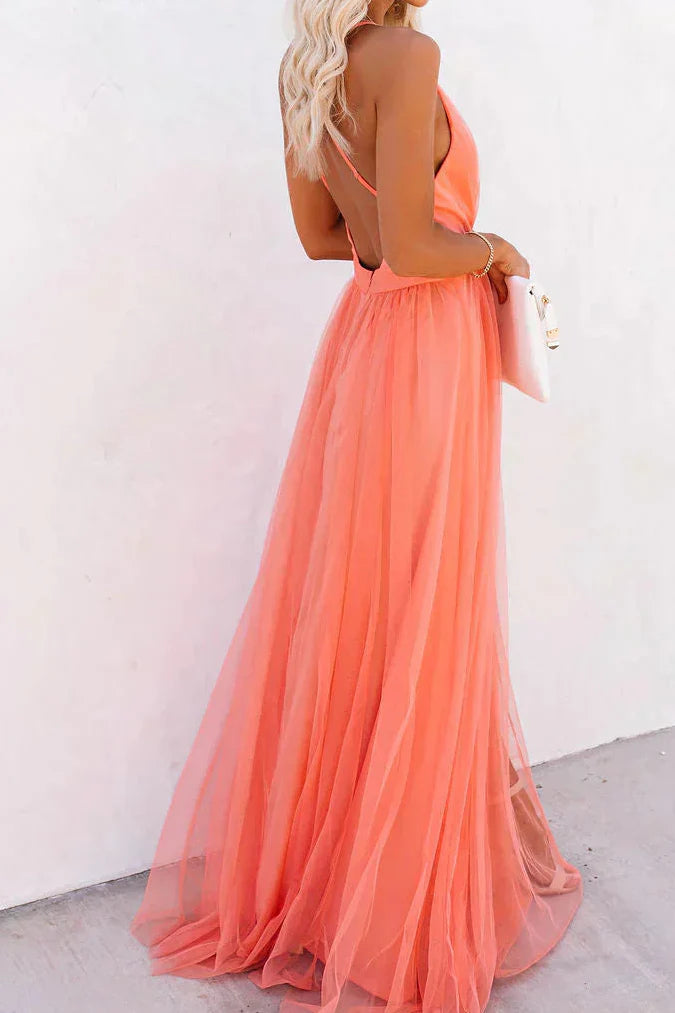 Women's Wedding Guest V Neck Strappy Maxi Dress