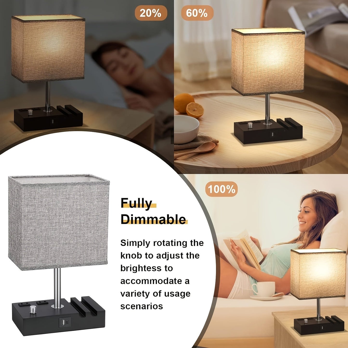 Brooknuo LED Lamp for Nightstands Home Offices with 2 AC Outlets 2 USB Charging Ports