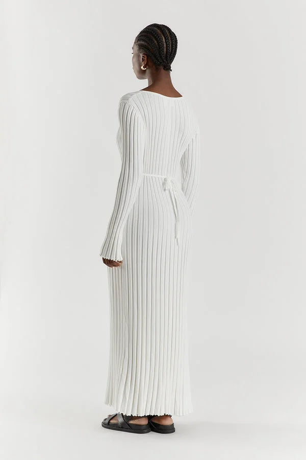 V - Neck Sleeved Knit Midi Dress