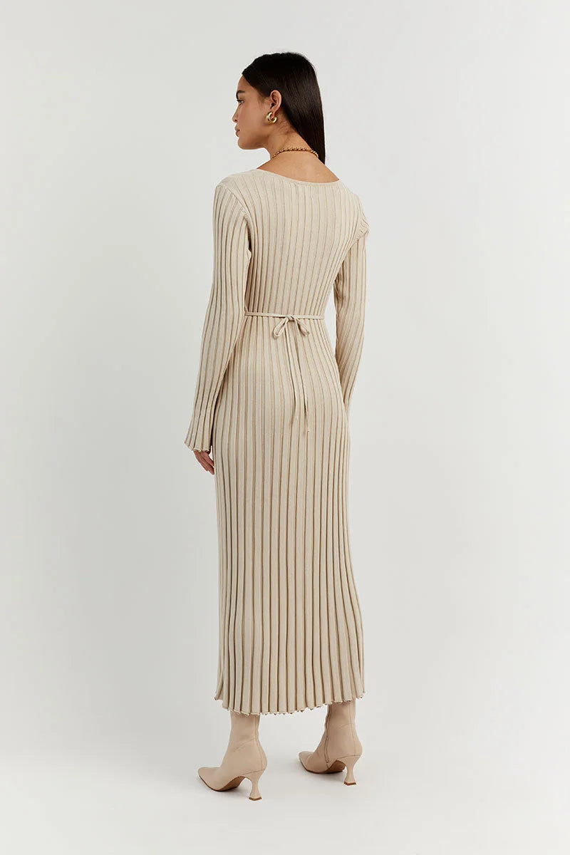 V - Neck Sleeved Knit Midi Dress