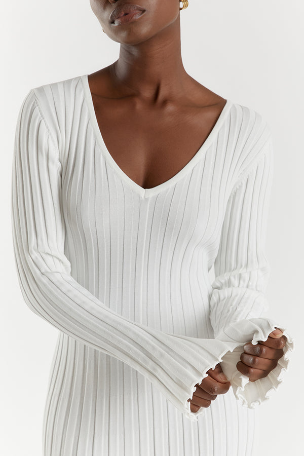 V - Neck Sleeved Knit Midi Dress