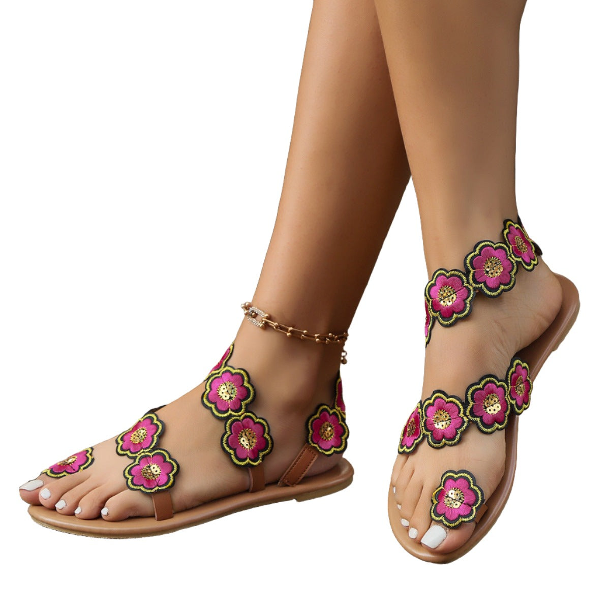 Ethnic Style Flowers Flat Sandals Casual Clip Toe Beach Shoes For Women