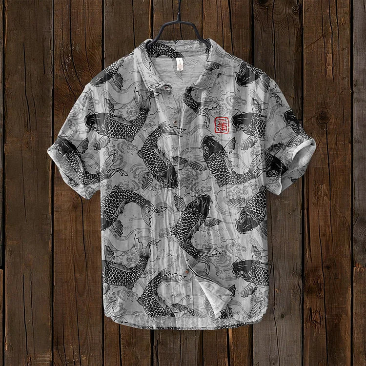 Vintage Vis Japanse Art Linnen Blend Shirt