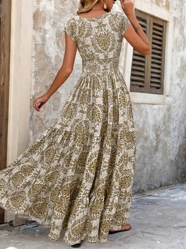 Boho Maxi Dress Smocked Waist Tiered V-Neck Cap Sleeve