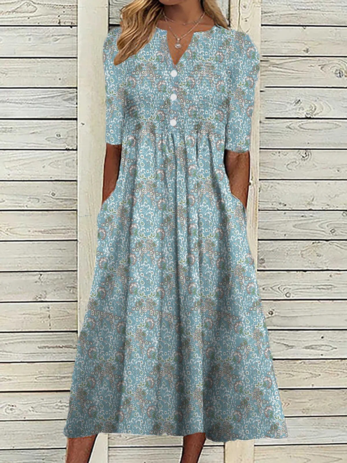 Daisy | Women's Floral Print V-Neck Half Sleeve Midi Swing Dress