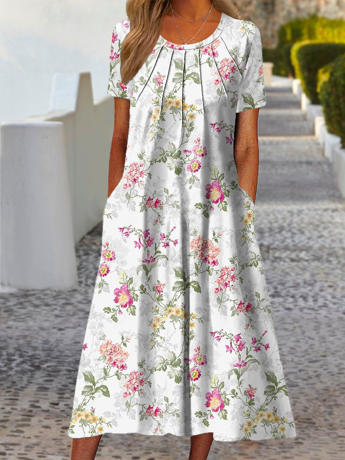 Marilou Robe Mi-Longue Femme – Coupe Fluide avec Imprimé Floral Léger et Élégant