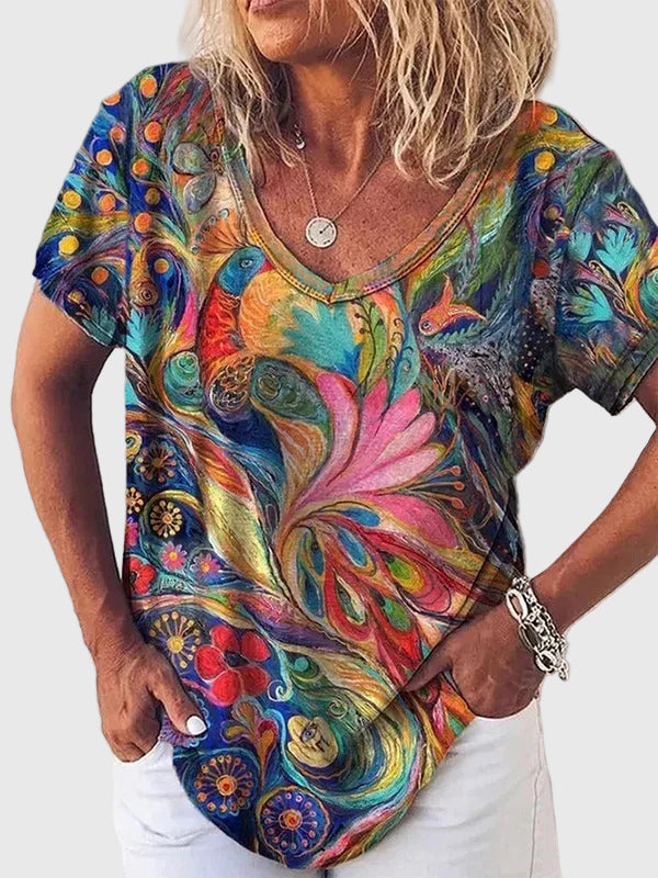 Bethel | Women's Colorful Abstract Art Print V-Neck Short Sleeve Top
