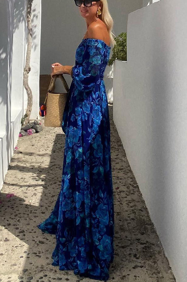 Λυδία | Μακρύ φόρεμα με λουλούδια και off-the-shoulder μανίκια