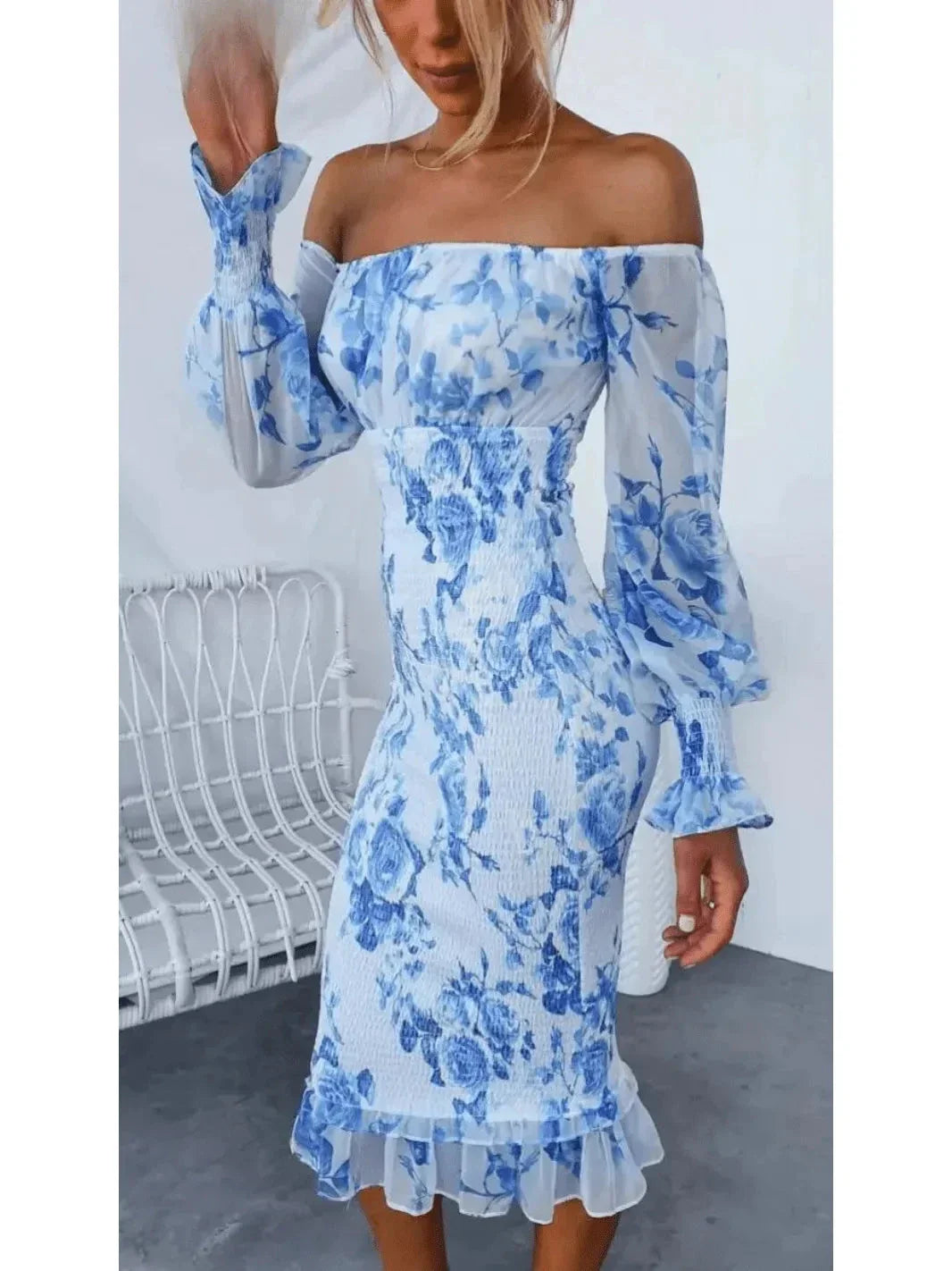 Sophia | Women's Midi Dress With Off Shoulder Neckline And Floral Print | Elegant