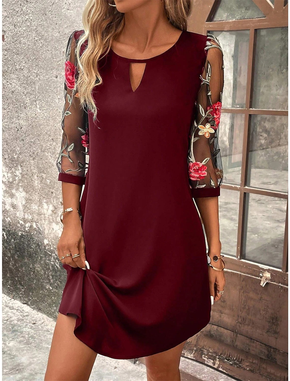 Elythra - Womens Mini Dress With Embroidered Mesh Sleeves