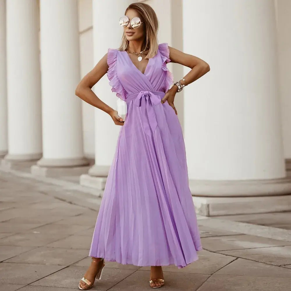 Robe Maxi Élégante Sans Manches à Volants pour Femmes – Robe d’Été Plissée à Col V