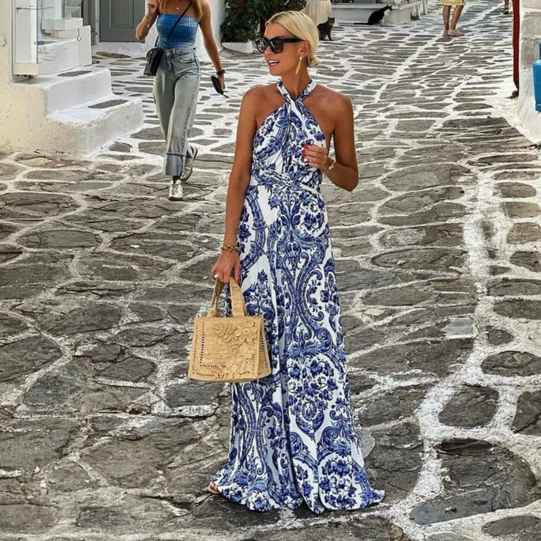 Women's Halter Maxi Dress - Sleeveless A-Line Printed Backless Summer Dress
