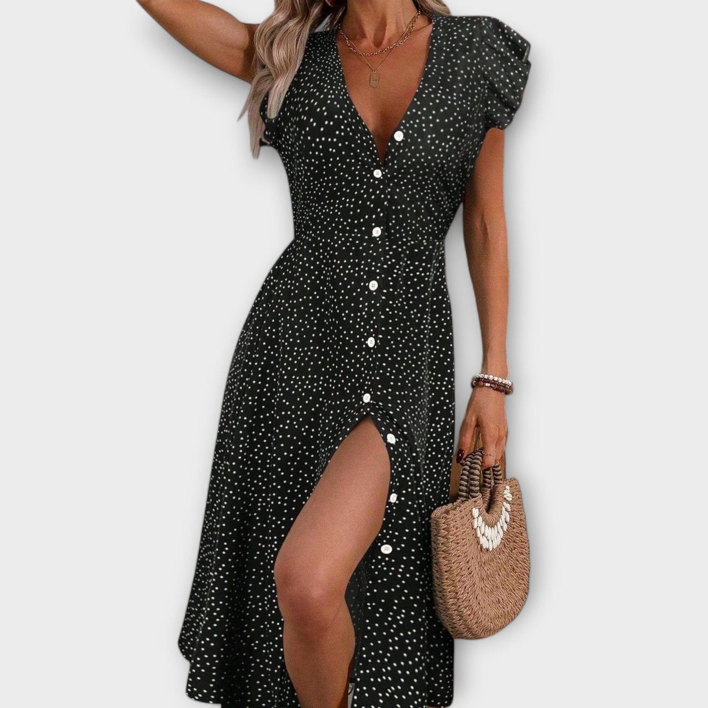 Valentina – Elegante Vestido Midi de Lunares que realza tu estilo