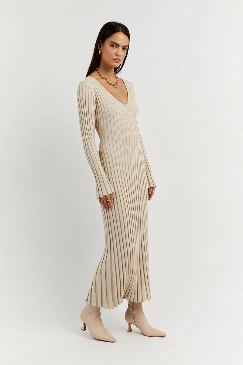 V - Neck Sleeved Knit Midi Dress