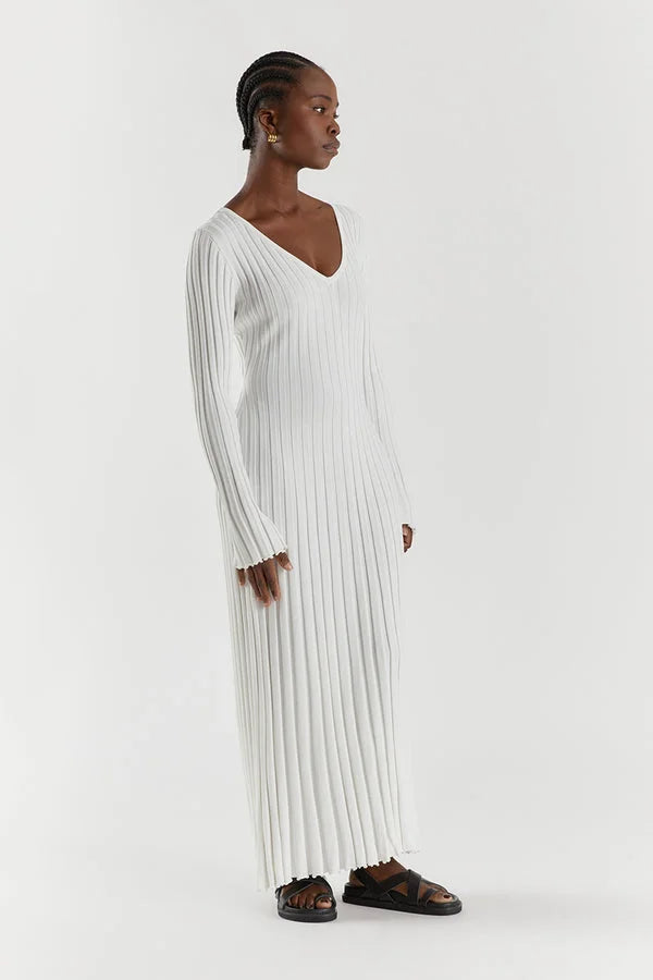 V - Neck Sleeved Knit Midi Dress