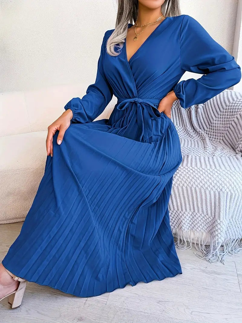 Robe Midi Portefeuille Plissée Femme – Manches Longues Col V Style Élégant