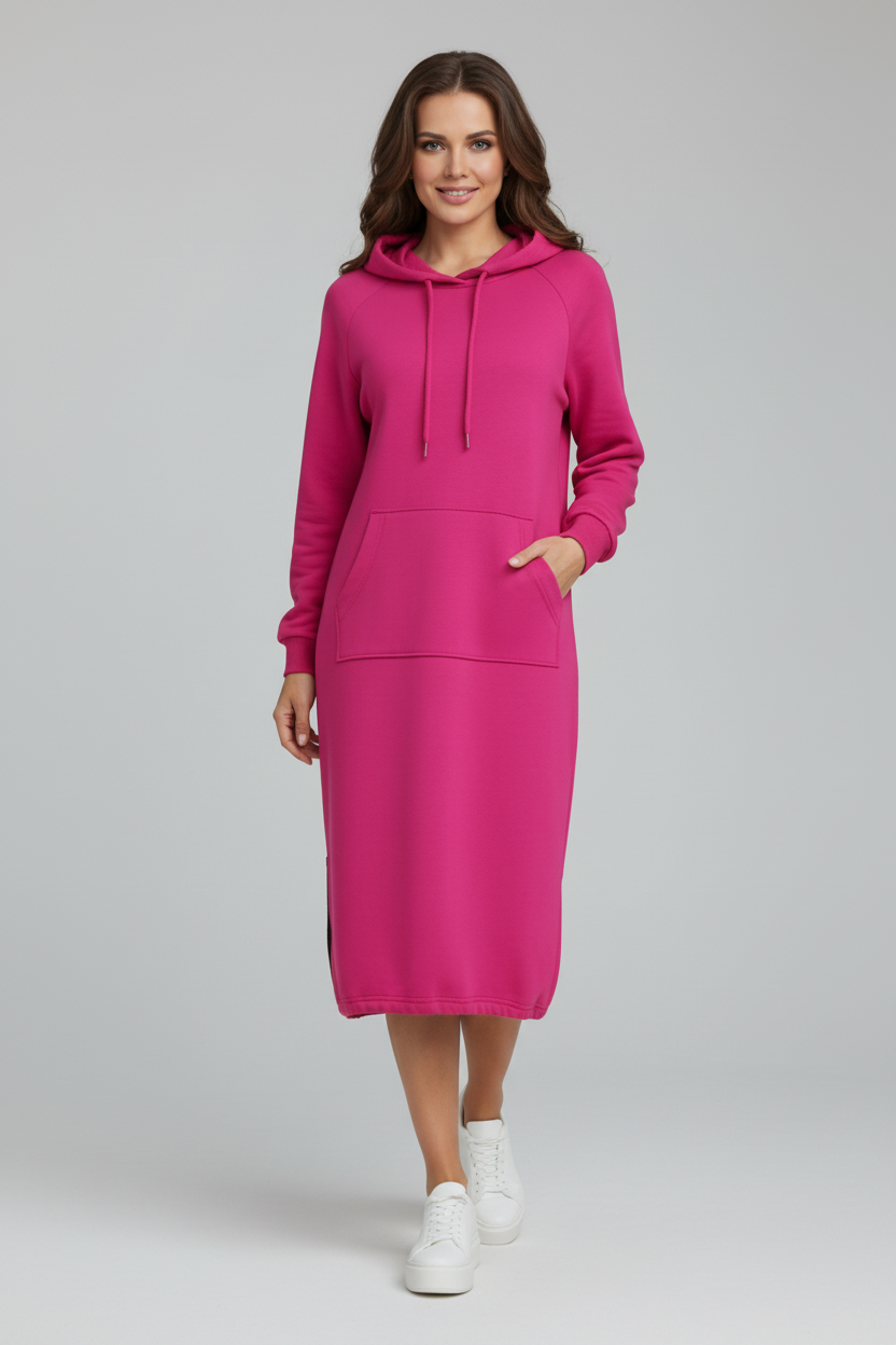 Hooded Knee Length Dress with Drawstring Hem and Front Pocket