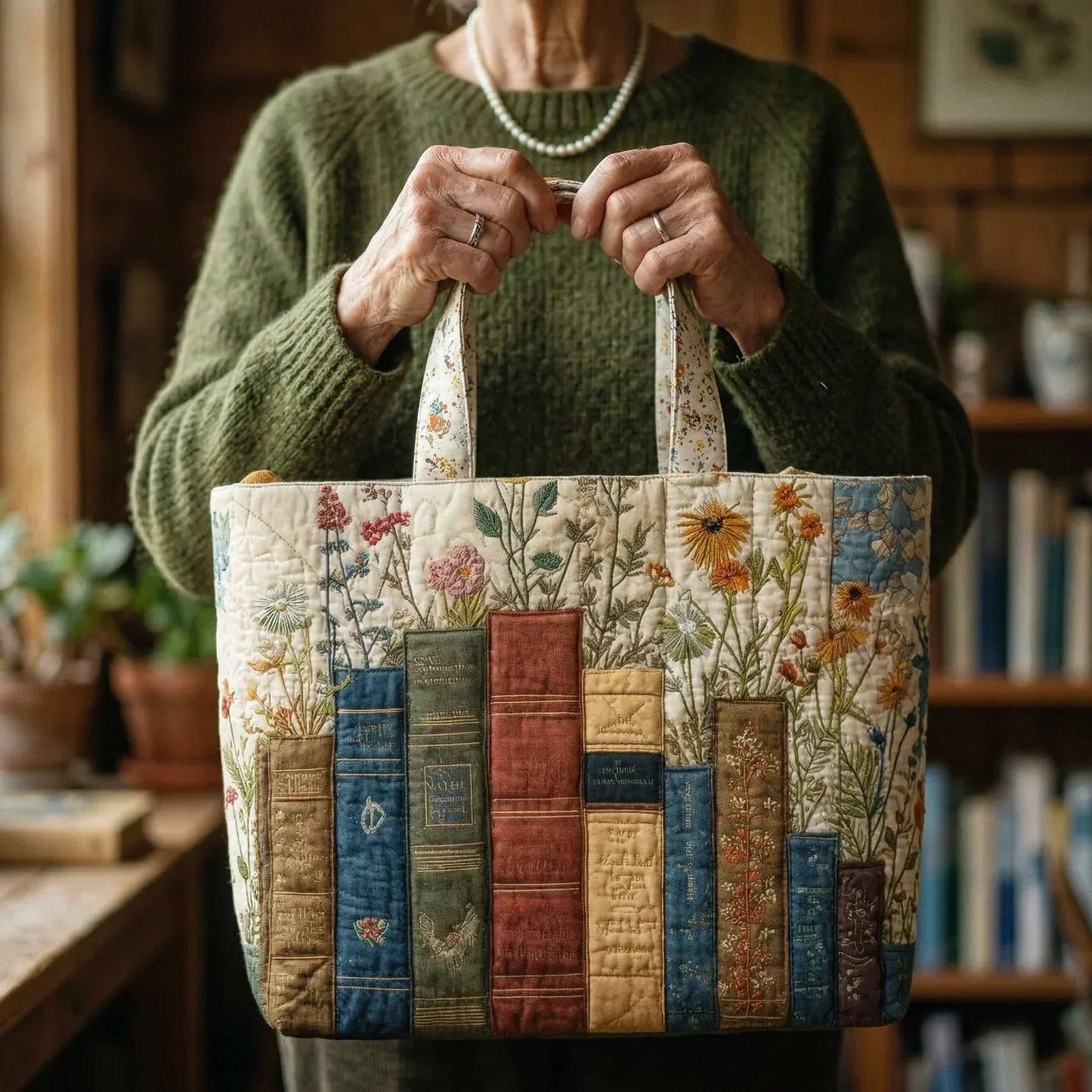 HÅNDLAVET TASKE - BØGER OG BLOMSTER