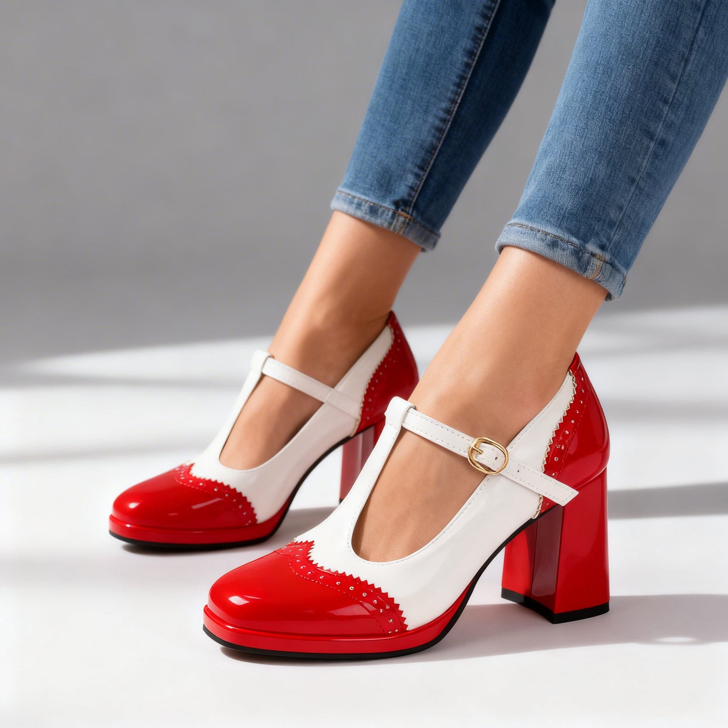 Sabrina Patent Brogue Loafers – Vintage Inspired T-Strap Block Heels with Comfortable Fit