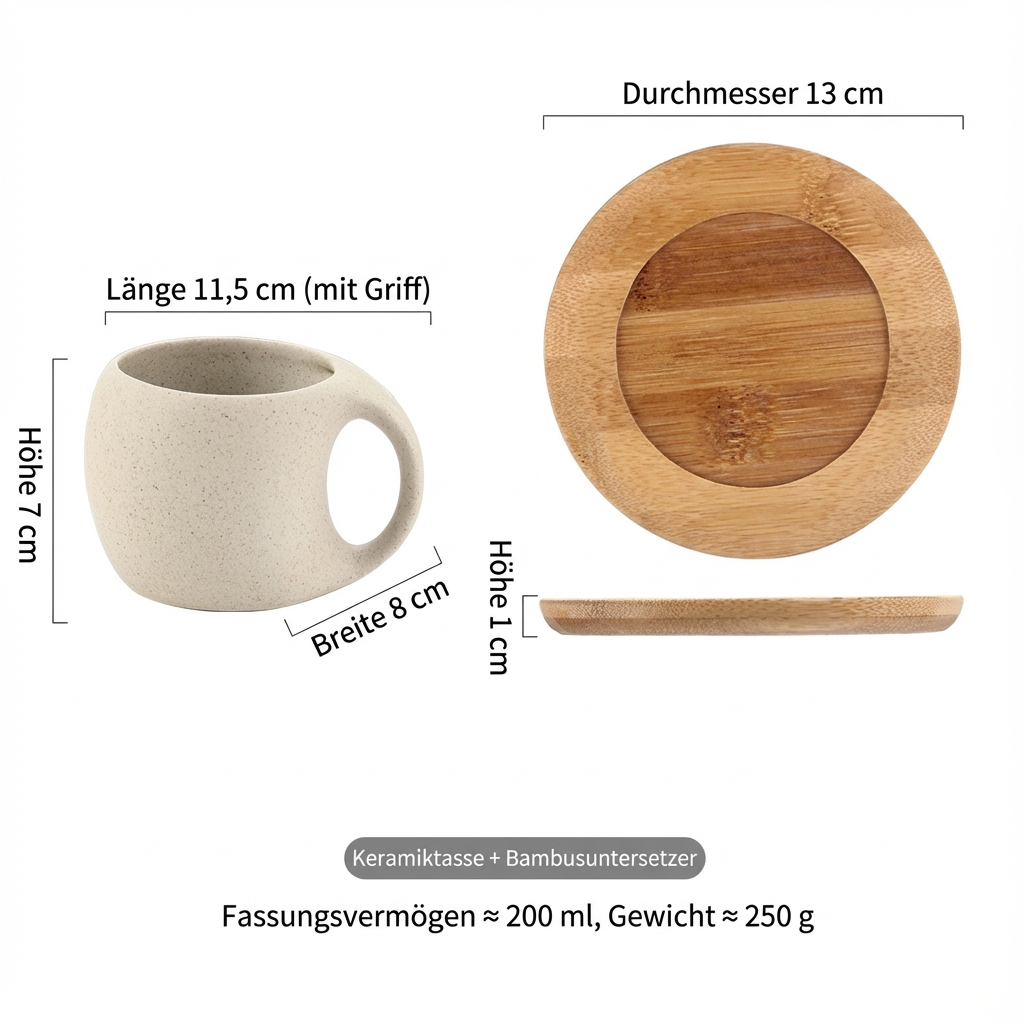 Keramik-Kaffeetasse mit Holzuntersetzer
