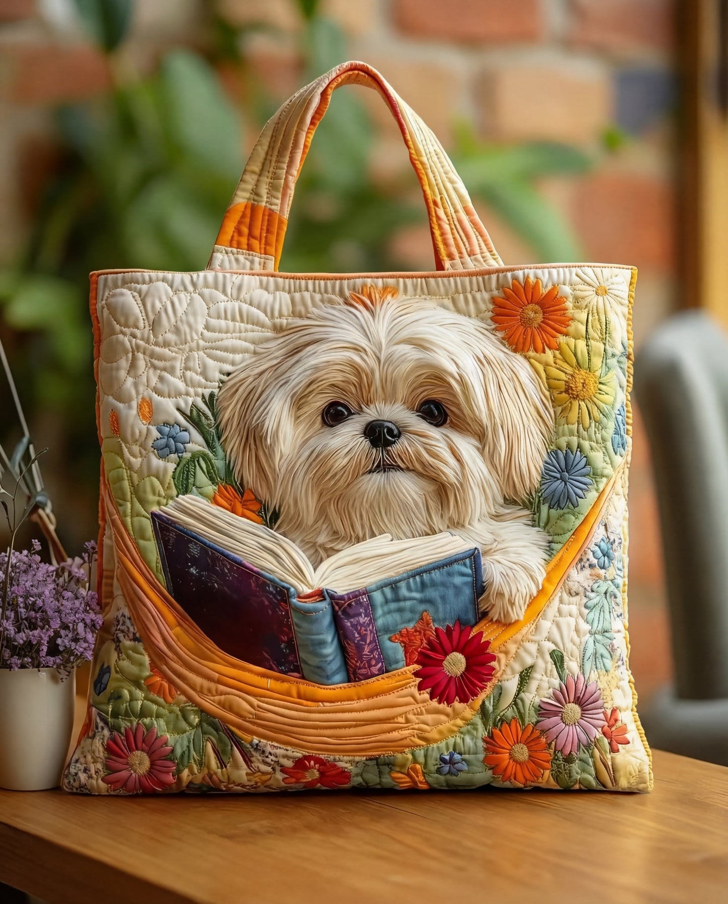 Torba Rękodzielnicza “Shih Tzu z Książką i Kwiatami”