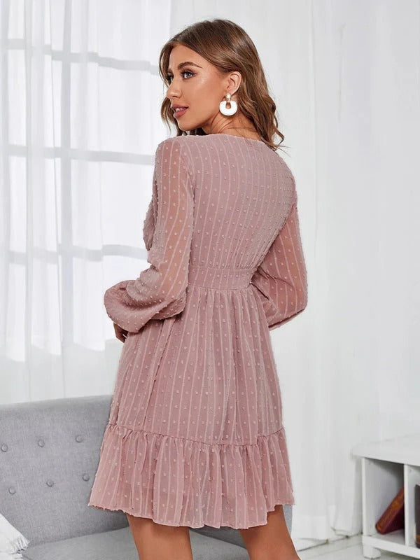 Robe Courte Élégante Femme – Manches Longues Col V Coupe Évasée
