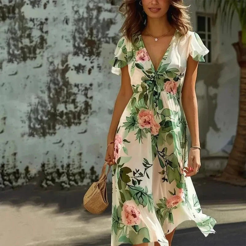 Orlina | Dames Casual Midi Jurk – Losvallende Jurk met Bloemenprint, Perfect voor de Zomer